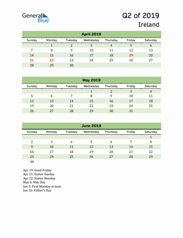 Quarterly Calendar 2019 with Ireland Holidays