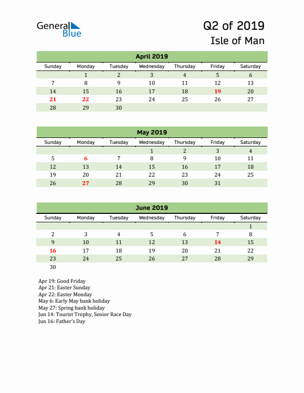 Quarterly Calendar 2019 with Isle of Man Holidays