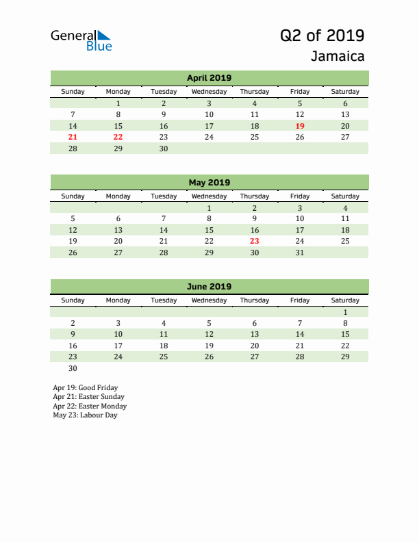 Quarterly Calendar 2019 with Jamaica Holidays