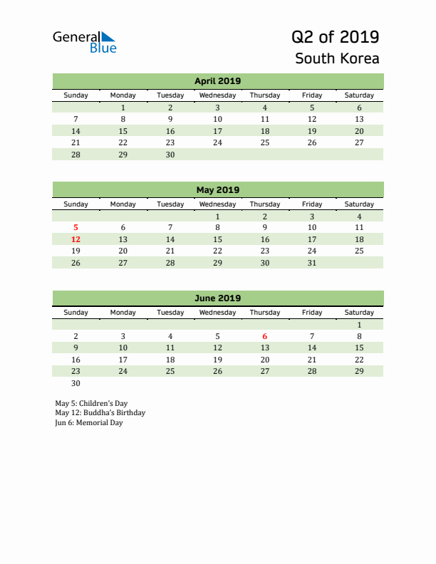 Quarterly Calendar 2019 with South Korea Holidays