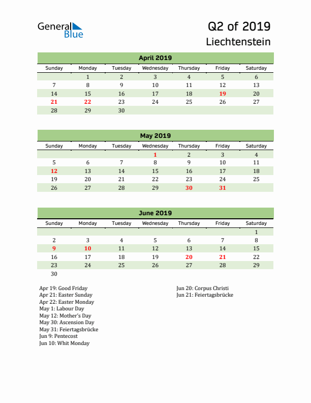 Quarterly Calendar 2019 with Liechtenstein Holidays