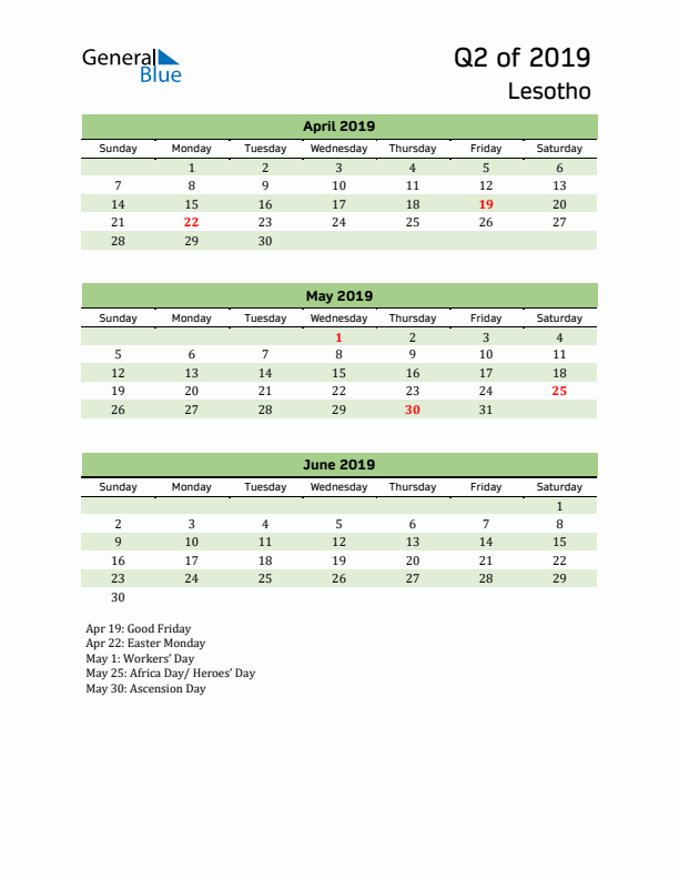 Quarterly Calendar 2019 with Lesotho Holidays