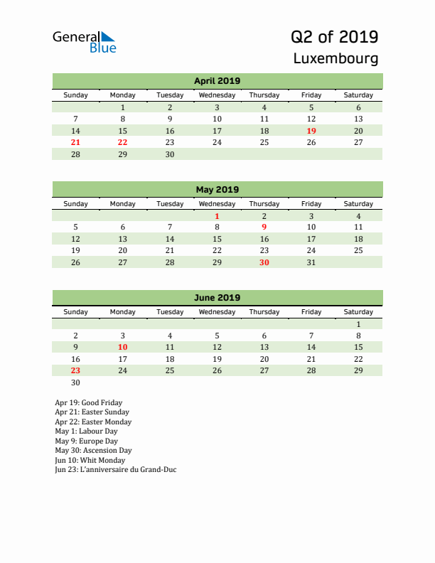 Quarterly Calendar 2019 with Luxembourg Holidays