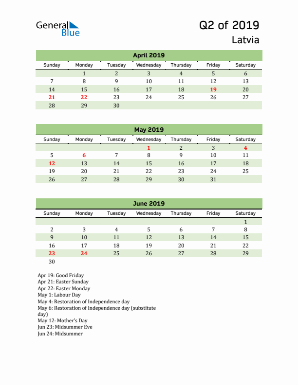 Quarterly Calendar 2019 with Latvia Holidays