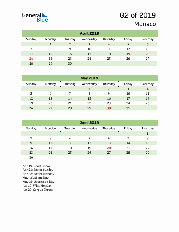 Quarterly Calendar 2019 with Monaco Holidays