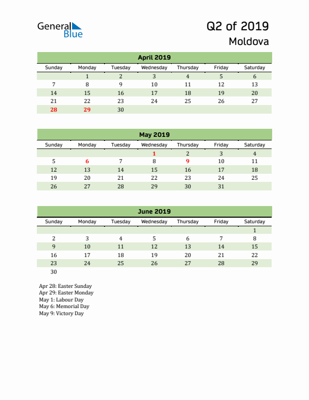 Quarterly Calendar 2019 with Moldova Holidays