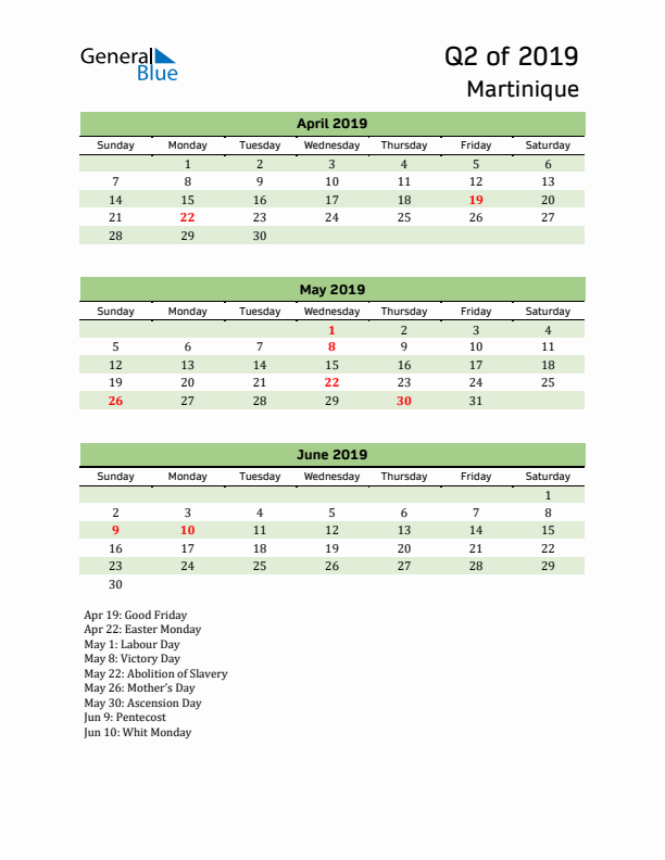 Quarterly Calendar 2019 with Martinique Holidays