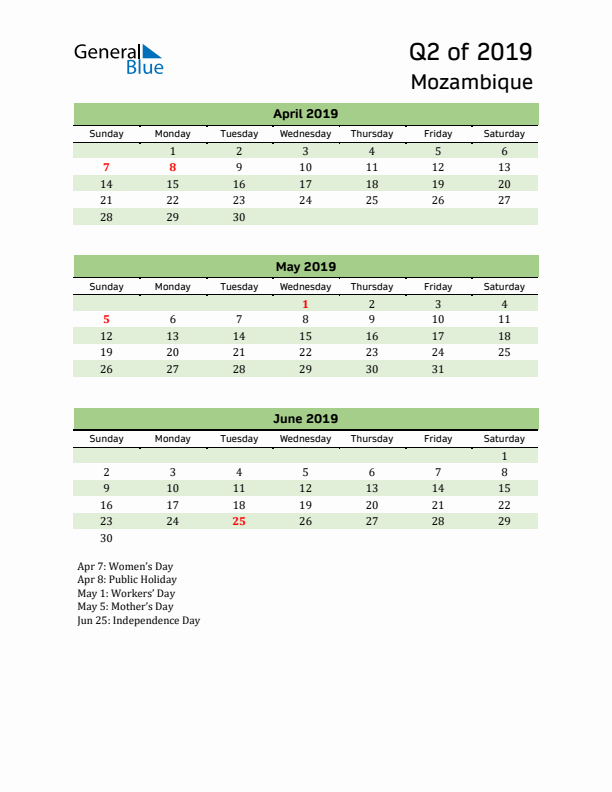 Quarterly Calendar 2019 with Mozambique Holidays