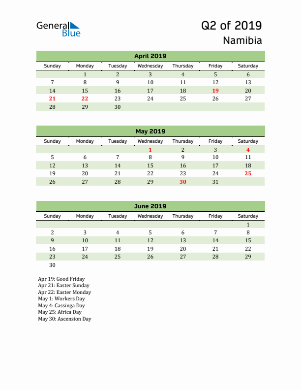 Quarterly Calendar 2019 with Namibia Holidays