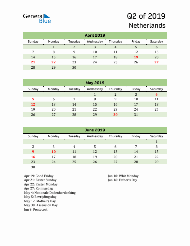 Quarterly Calendar 2019 with The Netherlands Holidays