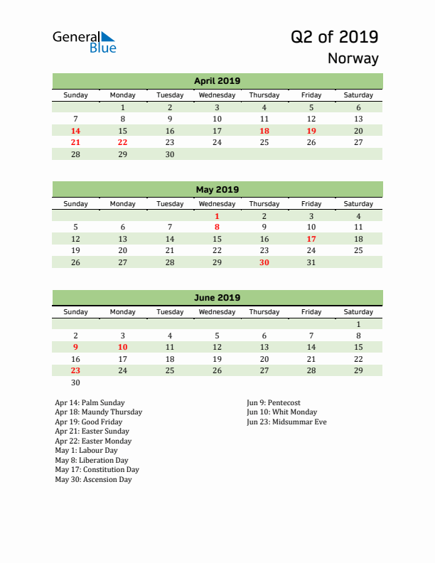 Quarterly Calendar 2019 with Norway Holidays