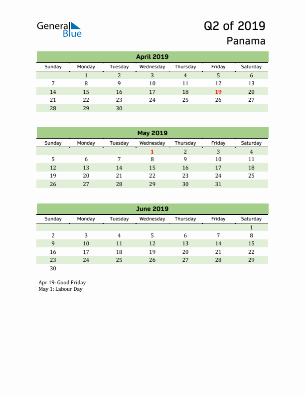 Quarterly Calendar 2019 with Panama Holidays