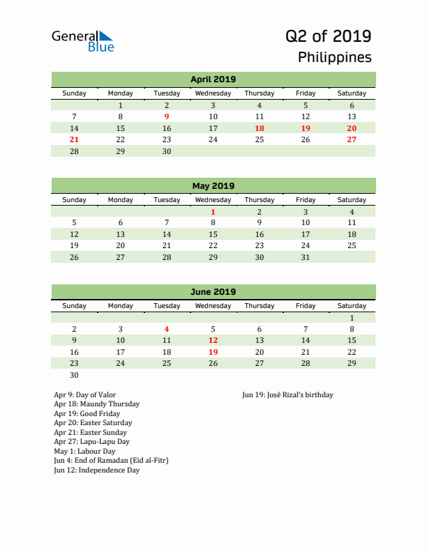 Quarterly Calendar 2019 with Philippines Holidays