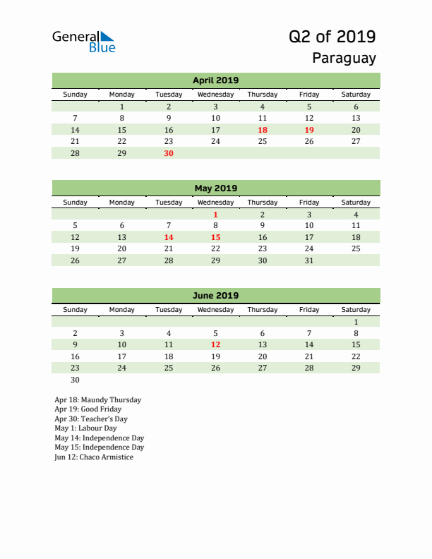 Quarterly Calendar 2019 with Paraguay Holidays