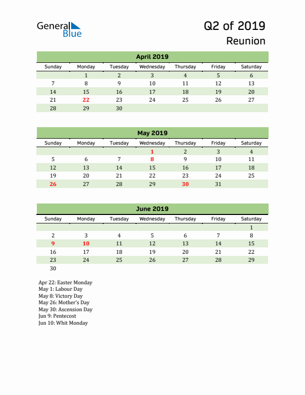 Quarterly Calendar 2019 with Reunion Holidays