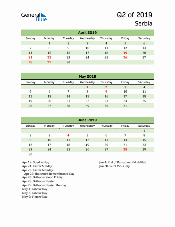 Quarterly Calendar 2019 with Serbia Holidays