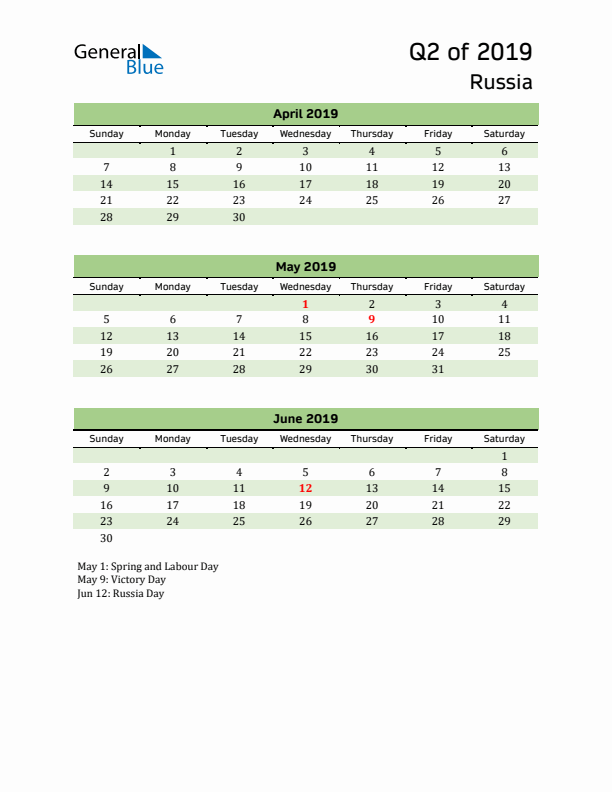 Quarterly Calendar 2019 with Russia Holidays