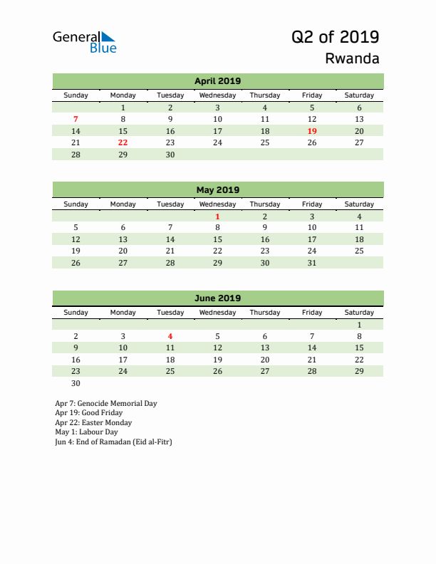 Quarterly Calendar 2019 with Rwanda Holidays