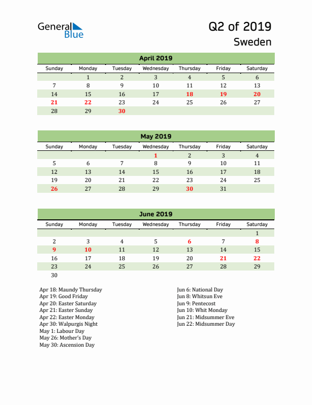 Quarterly Calendar 2019 with Sweden Holidays