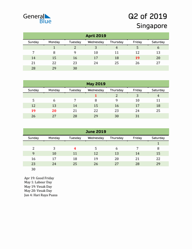 Quarterly Calendar 2019 with Singapore Holidays