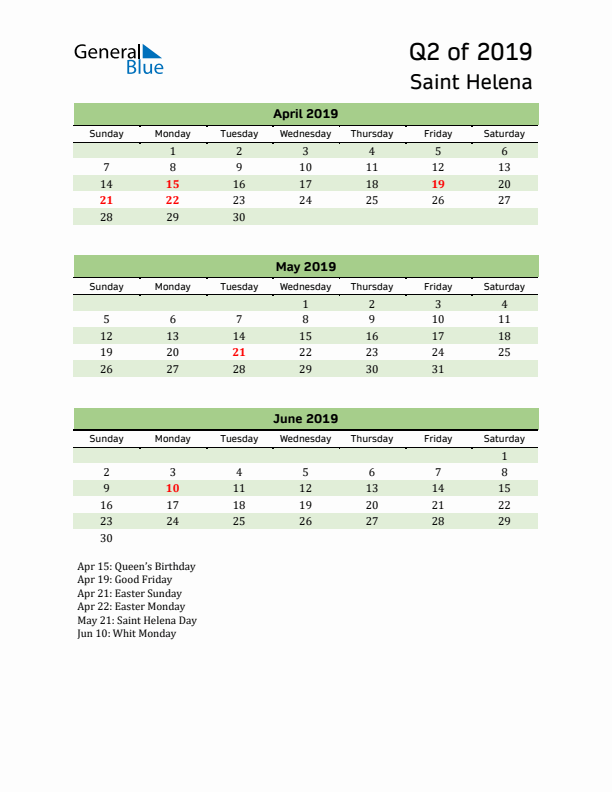 Quarterly Calendar 2019 with Saint Helena Holidays