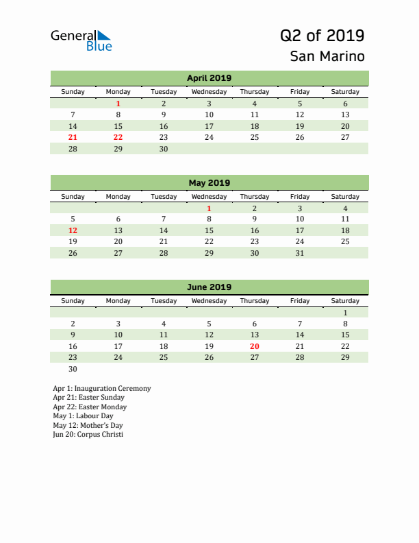 Quarterly Calendar 2019 with San Marino Holidays