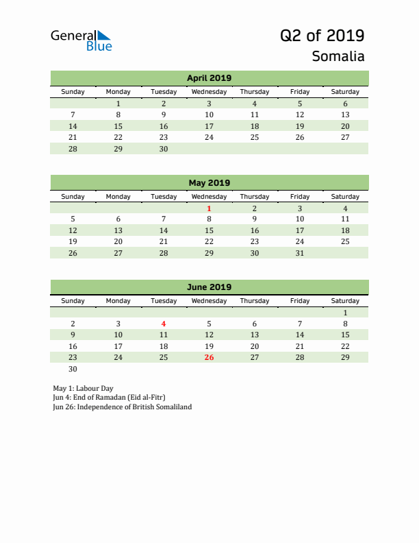 Quarterly Calendar 2019 with Somalia Holidays