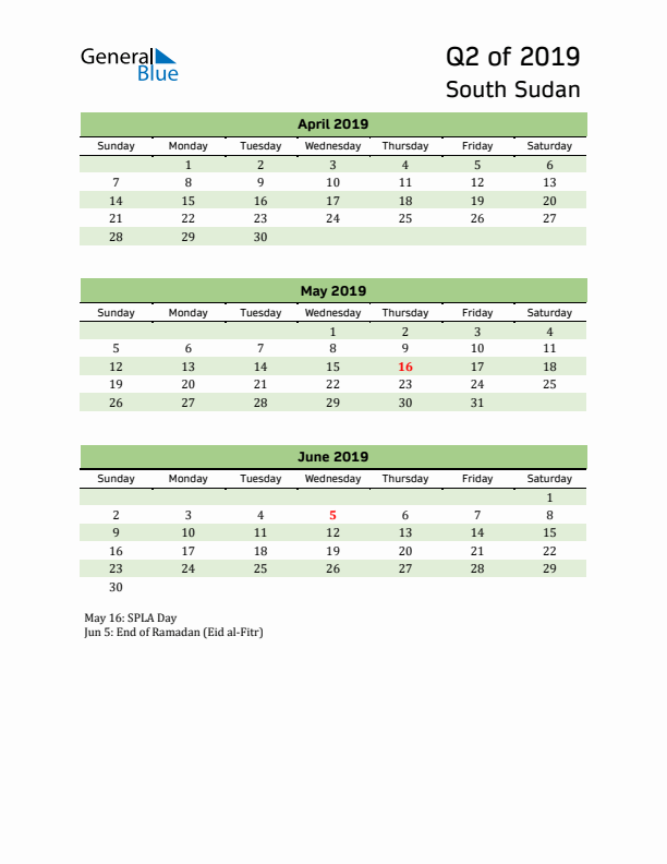 Quarterly Calendar 2019 with South Sudan Holidays