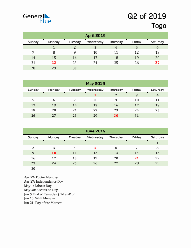 Quarterly Calendar 2019 with Togo Holidays