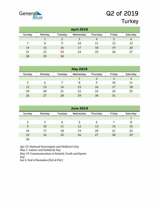 Quarterly Calendar 2019 with Turkey Holidays