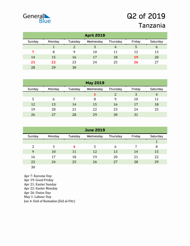 Quarterly Calendar 2019 with Tanzania Holidays