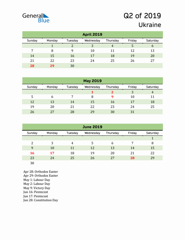 Quarterly Calendar 2019 with Ukraine Holidays