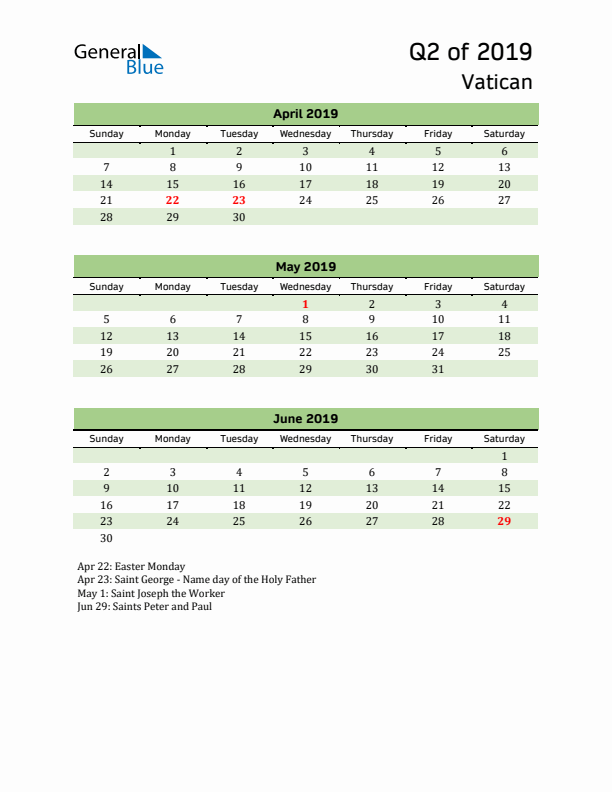 Quarterly Calendar 2019 with Vatican Holidays