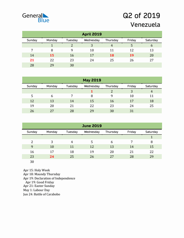 Quarterly Calendar 2019 with Venezuela Holidays