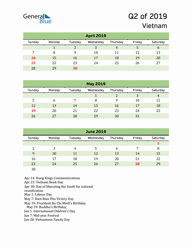 Quarterly Calendar 2019 with Vietnam Holidays