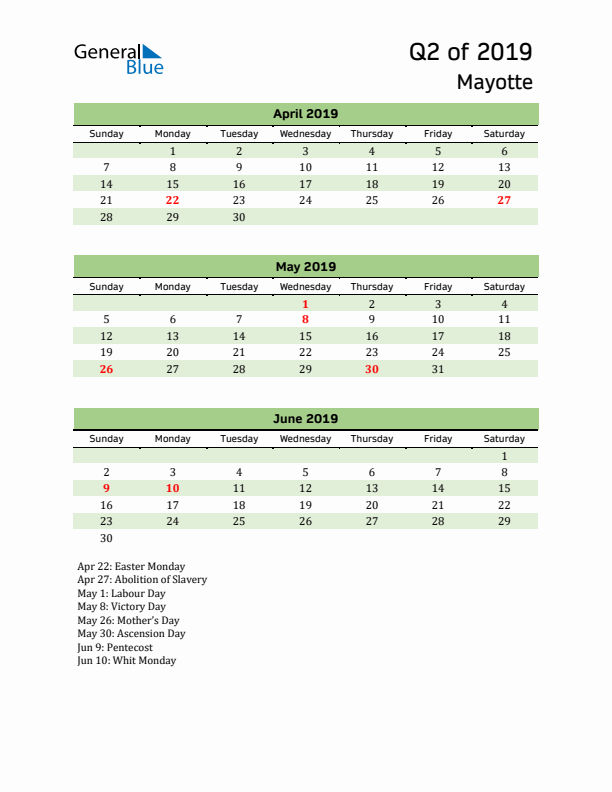 Quarterly Calendar 2019 with Mayotte Holidays