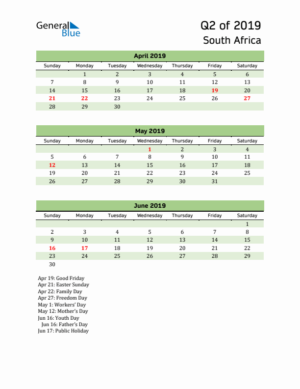 Quarterly Calendar 2019 with South Africa Holidays