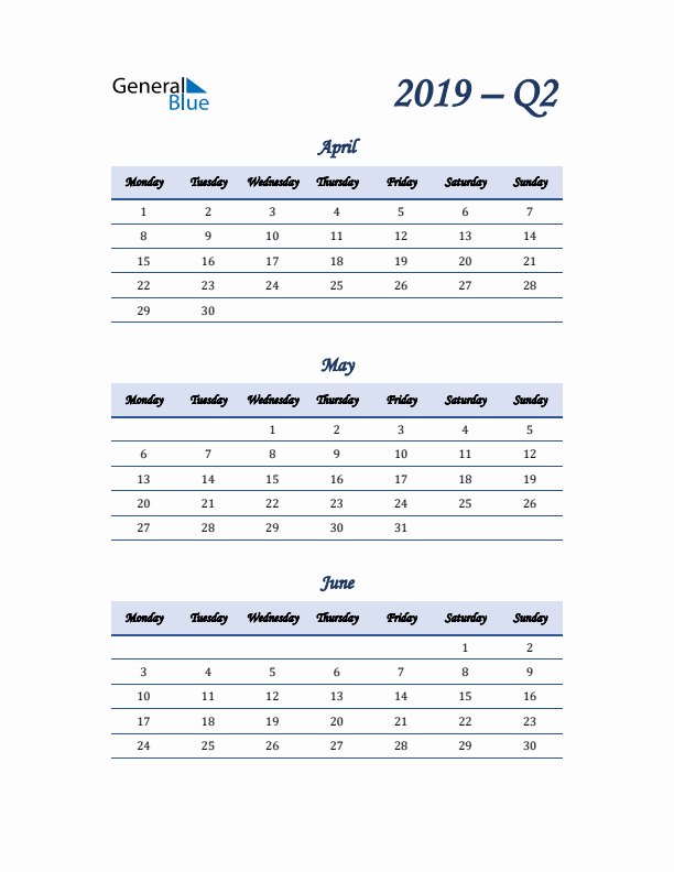 Monday Start 2019 Quarterly Calendar