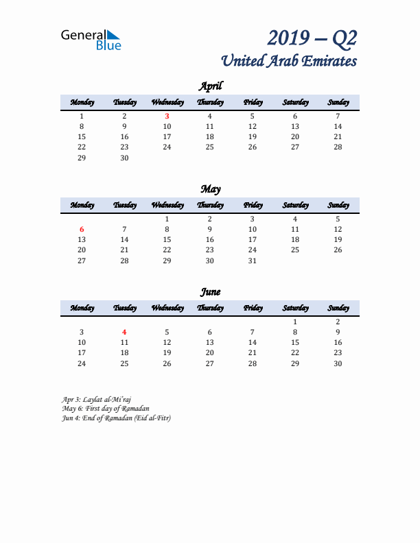 April, May, and June Calendar for United Arab Emirates with Monday Start