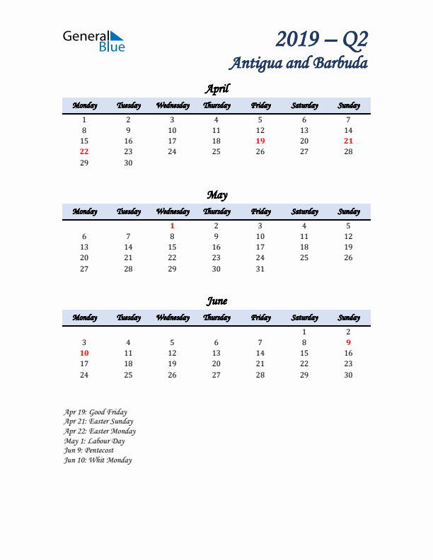 April, May, and June Calendar for Antigua and Barbuda with Monday Start