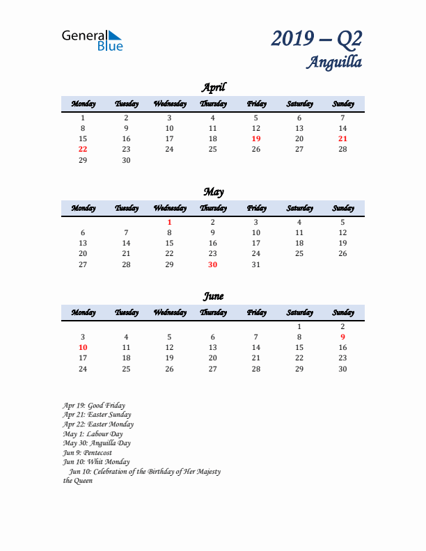 April, May, and June Calendar for Anguilla with Monday Start