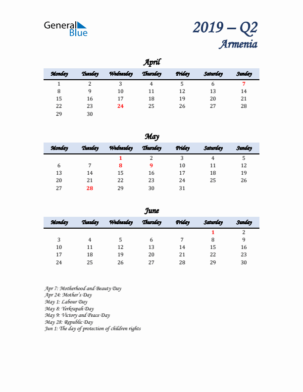 April, May, and June Calendar for Armenia with Monday Start