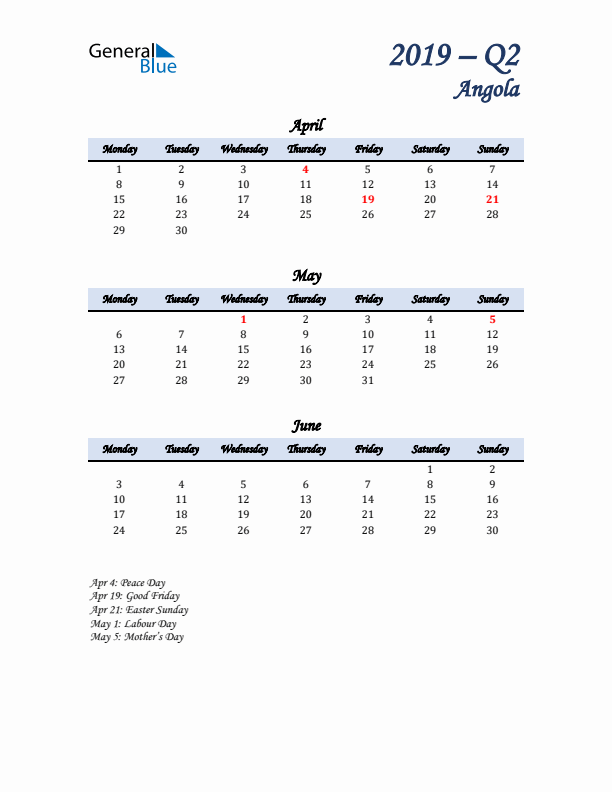 April, May, and June Calendar for Angola with Monday Start