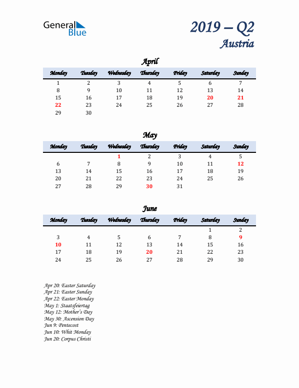 April, May, and June Calendar for Austria with Monday Start