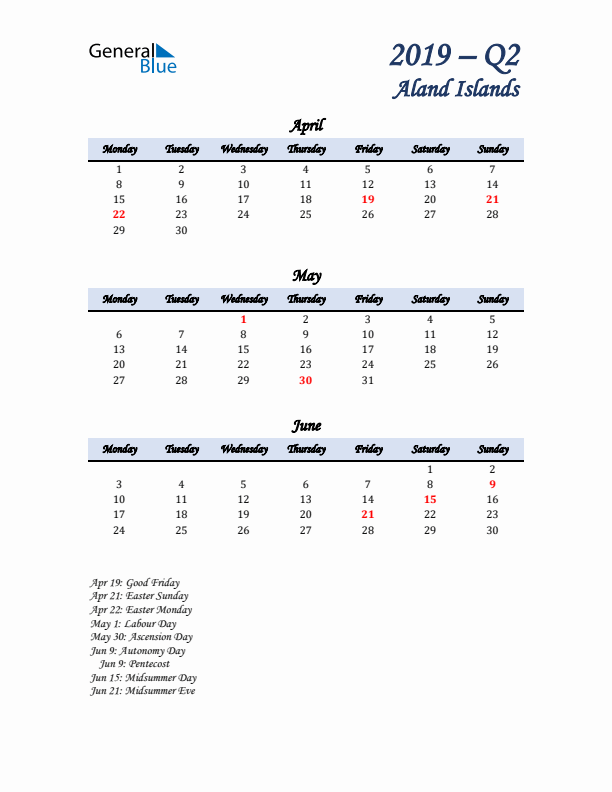 April, May, and June Calendar for Aland Islands with Monday Start