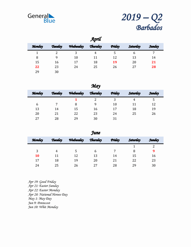 April, May, and June Calendar for Barbados with Monday Start