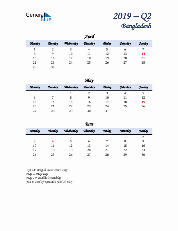 April, May, and June Calendar for Bangladesh with Monday Start