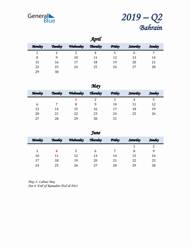 April, May, and June Calendar for Bahrain with Monday Start