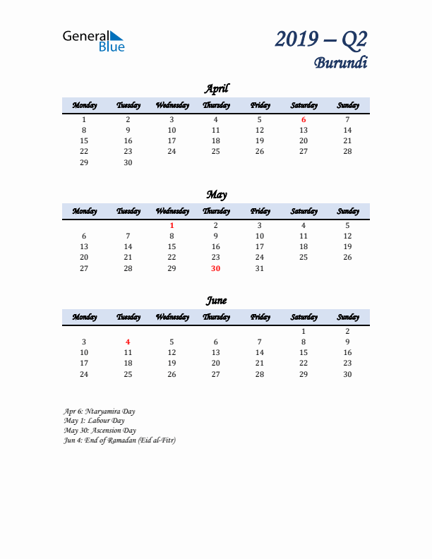 April, May, and June Calendar for Burundi with Monday Start