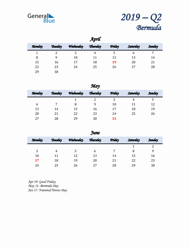 April, May, and June Calendar for Bermuda with Monday Start